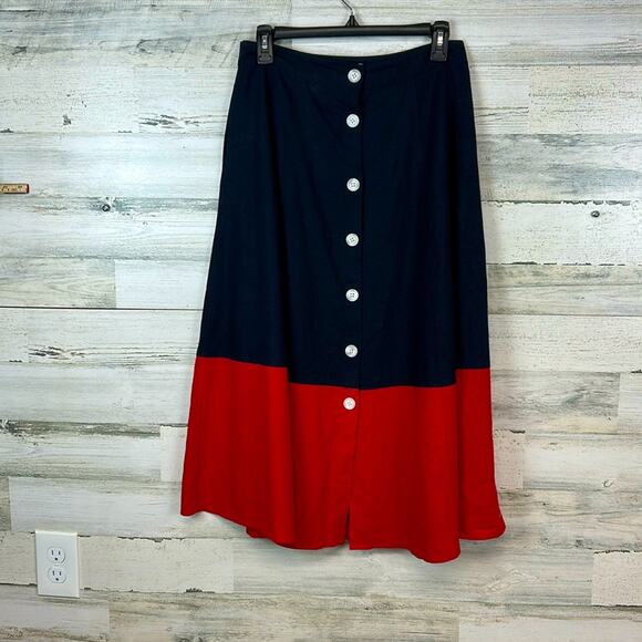 1901 Navy & Red Colorblock Linen Blend Midi Skirt | Size 6 - Picture 2 of 6